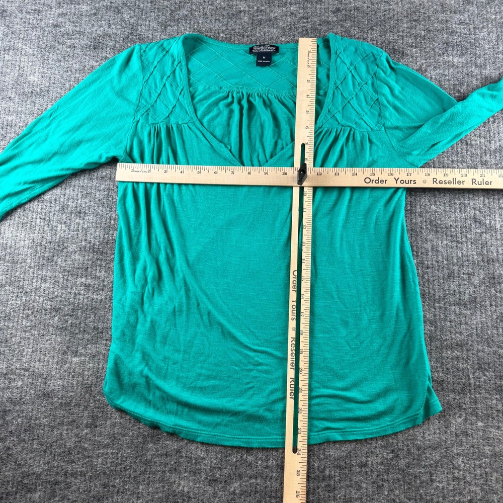 Lucky Brand Womens Teal Green V-Neck Long Sleeve Lattice Pintuck Top Size M - Picture 5 of 7